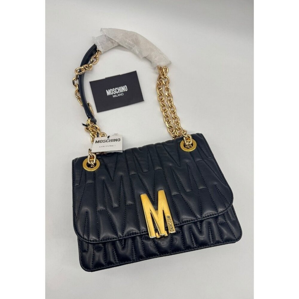 MOSCHINO monogram logo quilted leather convertible shoulder bag + Dust bag BLACK - Picture 2 of 16